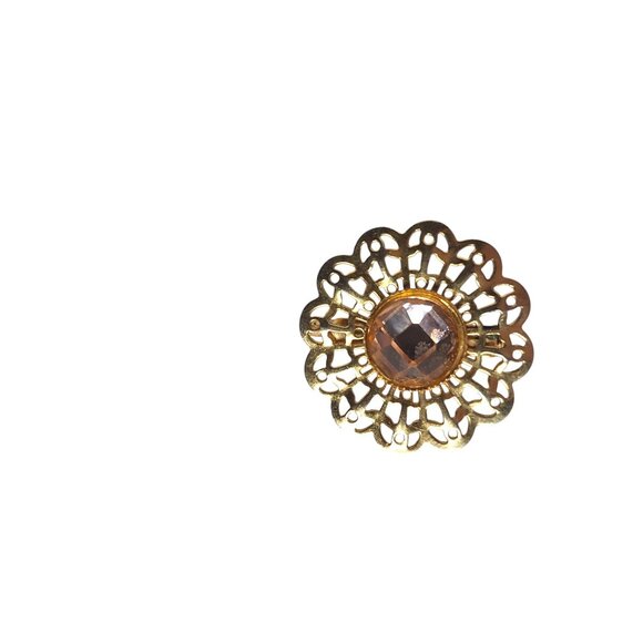 Vintage Gold-Tone Filigree Brooch Faceted Center Stone Floral Sunburst Design - Picture 1 of 3